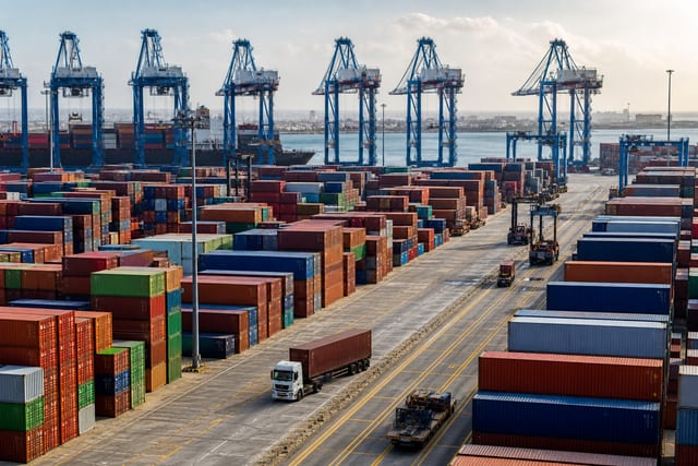 Shipping containers at a logistics terminal
